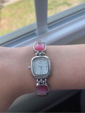 VINTAGE Silver Women's Quartz Watch with Pink Stone Accents